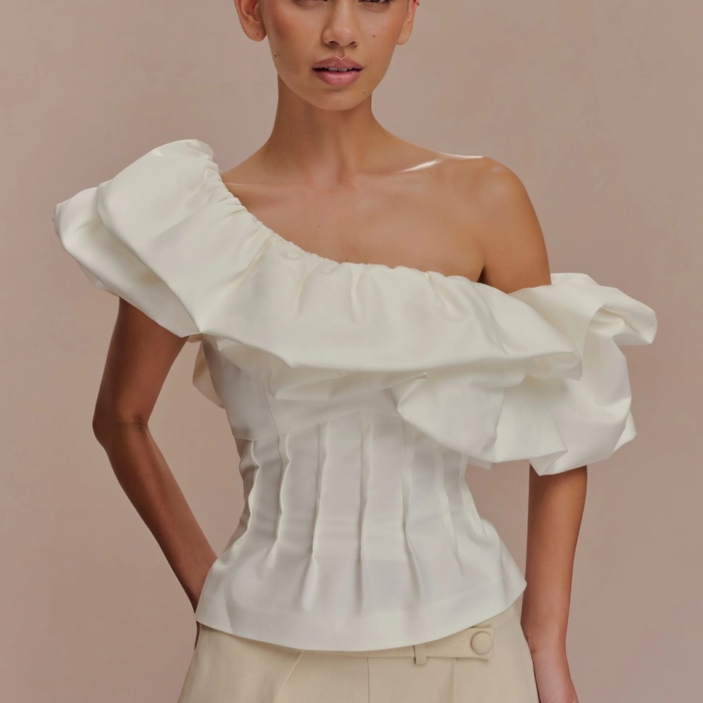Meshki White Asymmetrical Ruffled Blouse